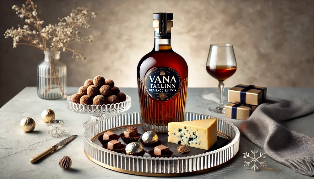Vana Tallinn Heritage Edition - ідеальне поєднання смаків Пляшка Vana Tallinn Heritage Edition на кришталевому підносі з шоколадними трюфелями та сирною тарілкою