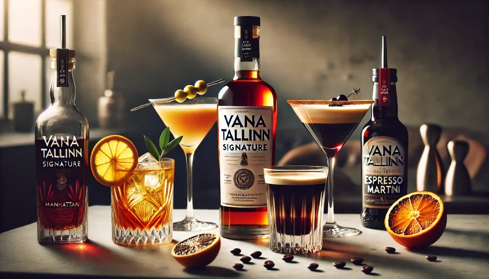 Signature коктейлі - нове прочитання класики від Vana Tallinn Пляшка Vana Tallinn Signature з трьома фірмовими коктейлями на мармуровому столі з декоративними елементами