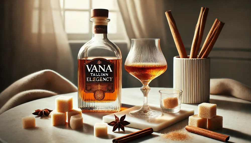 Дегустація Vana Tallinn Elegance - вишуканість у кожній деталі Пляшка Vana Tallinn Elegance з дегустаційним келихом та композицією зі спецій на мармуровому столі