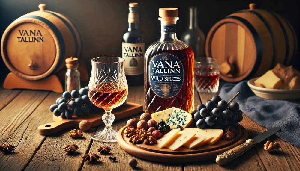 Vana Tallinn Wild Spices - ідеальний компаньйон для гурманів Пляшка Vana Tallinn Wild Spices з келихом та сирною тарілкою з блакитними сирами та виноградом