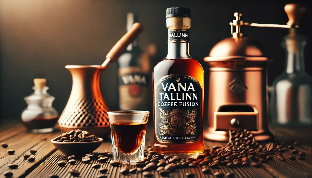 Vana Tallinn Coffee Fusion - гармонія кави та лікеру Пляшка Vana Tallinn Coffee Fusion з кавовими зернами та келихом лікеру на дерев'яній поверхні