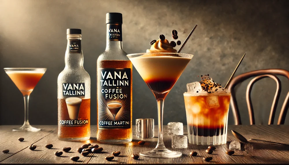 Коктейлі з Vana Tallinn Coffee Fusion - кавові варіації Пляшка Vana Tallinn Coffee Fusion з трьома фірмовими коктейлями на мармуровій поверхні