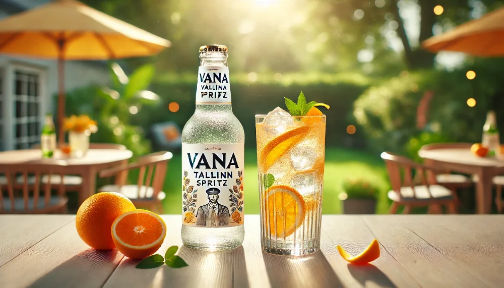 Vana Tallinn Spritz - ідеальний напій для літнього відпочинку Пляшка Vana Tallinn Spritz з келихом на літній терасі, прикрашеним апельсиновою цедрою та льодом