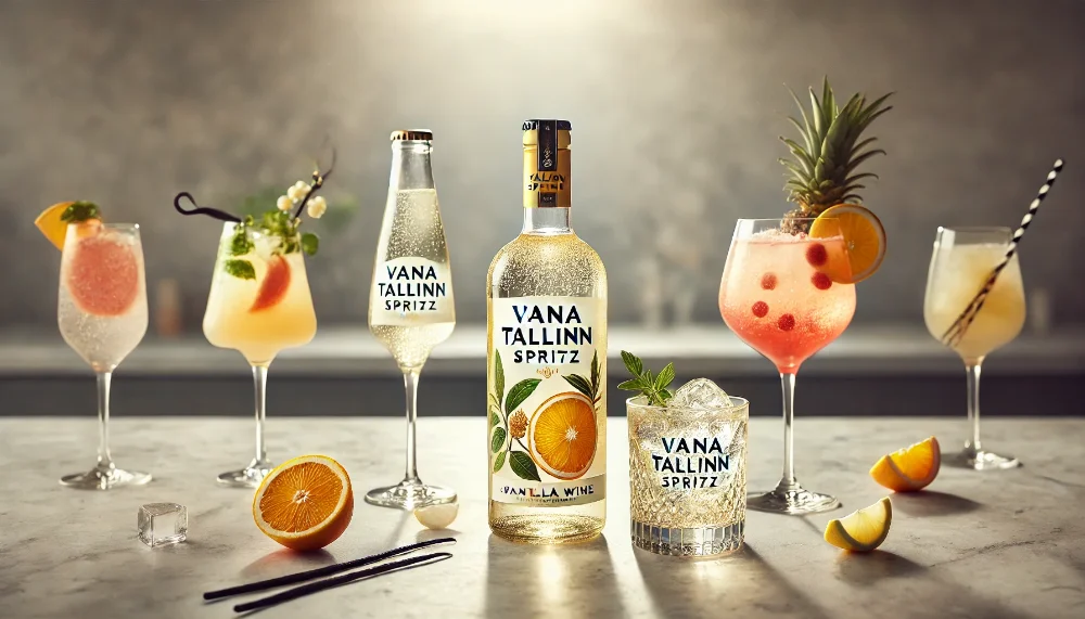 Коктейльні варіації з Vana Tallinn Spritz - легкість у кожному келиху Пляшка Vana Tallinn Spritz з трьома різними коктейлями на мармуровій поверхні, прикрашеними фруктами