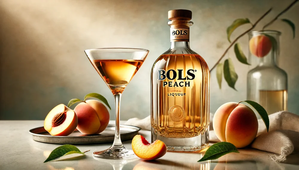 Bols Peach - вишуканий персиковий лікер з неперевершеним смаком Пляшка Bols Peach та коктейльний келих із золотистим лікером у оточенні свіжих персиків