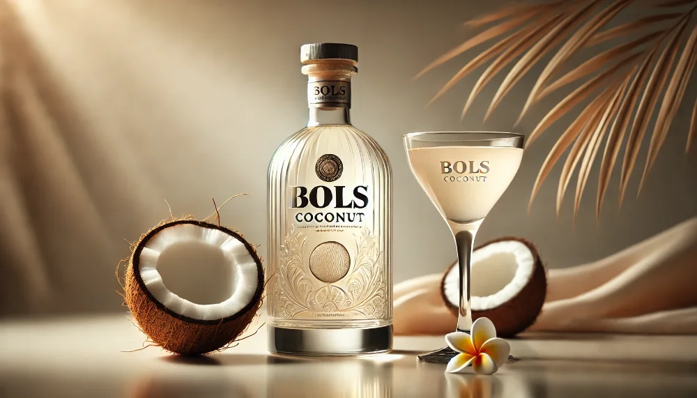 Bols Coconut - тропічний лікер з ніжним кокосовим смаком Пляшка Bols Coconut та коктейльний келих з кремовим лікером у оточенні свіжого кокоса