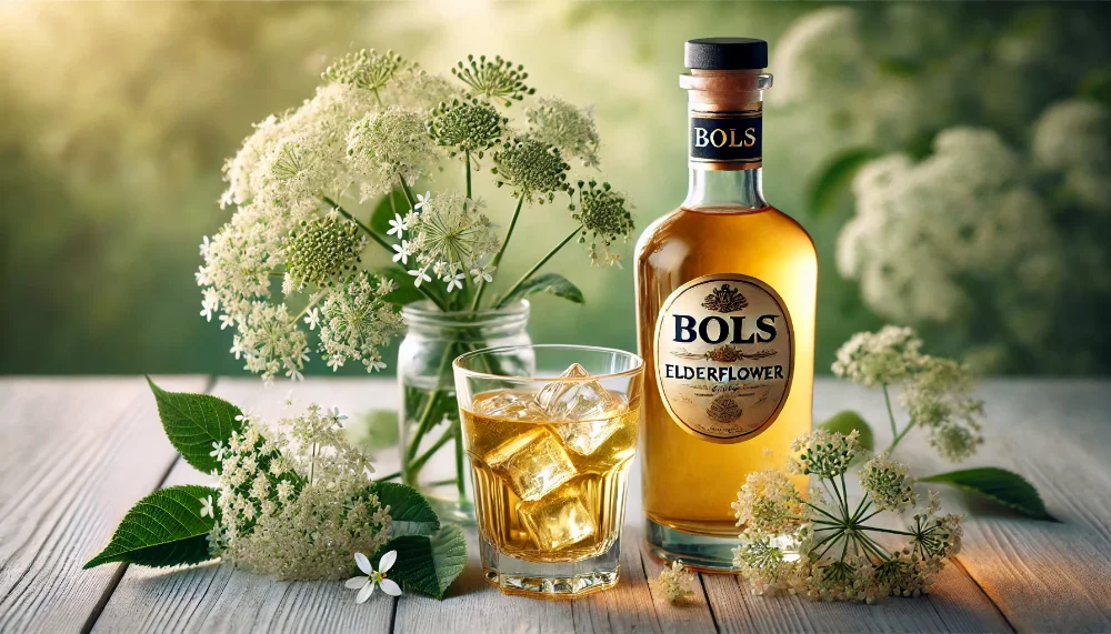 Bols Elderflower: ніжний лікер з квітів бузини в весняному антуражі Пляшка лікеру Bols Elderflower з келихом напою на льоду, оточена свіжими квітами бузини на світлій поверхні