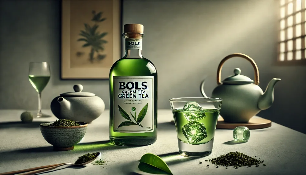 Bols Green Tea: витончений лікер з ароматом зеленого чаю Пляшка лікеру Bols Green Tea з келихом напою на льоду, оточена свіжим листям зеленого чаю на фоні чайної чашки