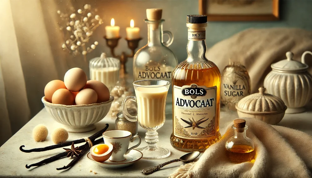 Bols Advocaat: традиційний голландський яєчний лікер з кремовою текстурою Пляшка лікеру Bols Advocaat з келихом напою, оточена свіжими яйцями та паличками ванілі на світлій поверхні