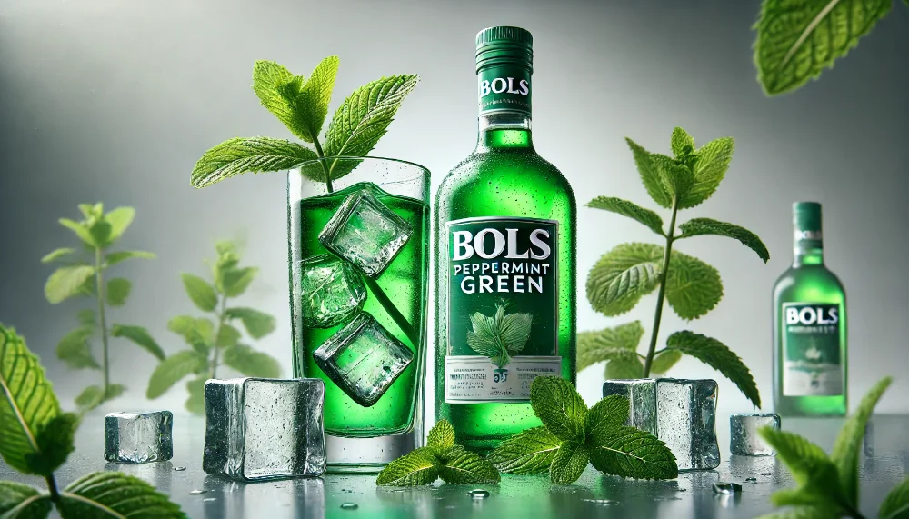 Bols Peppermint Green: освіжаючий м'ятний лікер зі смарагдовим відтінком Пляшка лікеру Bols Peppermint Green з келихом напою на льоду, оточена свіжими листями м'яти на скляній поверхні