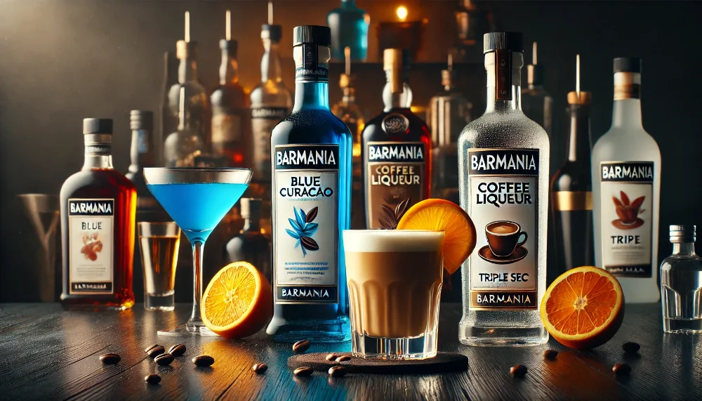 BarMania: колекція преміальних українських лікерів різних смаків Три пляшки лікерів BarMania різних кольорів з коктейльними келихами та гарніром на темній дерев'яній поверхні