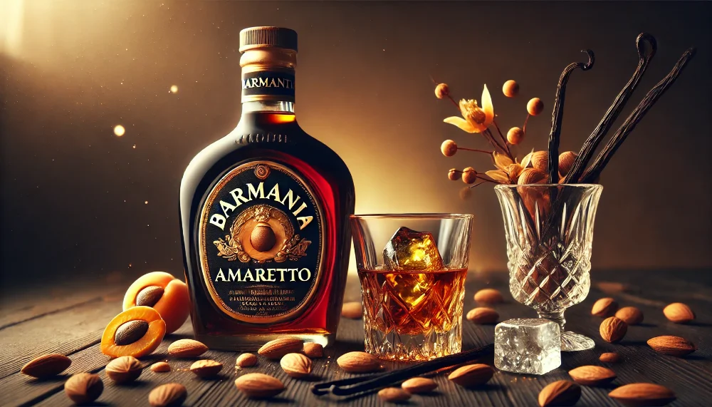 BarMania Amaretto: український мигдальний лікер з італійським характером Пляшка лікеру BarMania Amaretto з кришталевим келихом, оточена мигдалем та абрикосовими кісточками