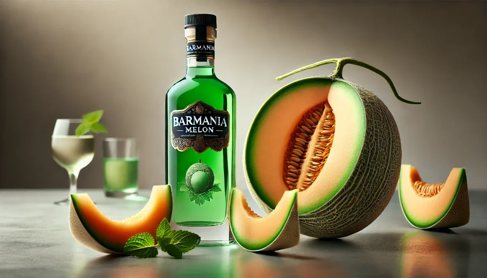 BarMania Melon: освіжаючий динний лікер з натуральним смаком літа Пляшка яскраво-зеленого лікеру BarMania Melon поруч із розрізаною мускусною динею та свіжою м'ятою на світлому фоні
