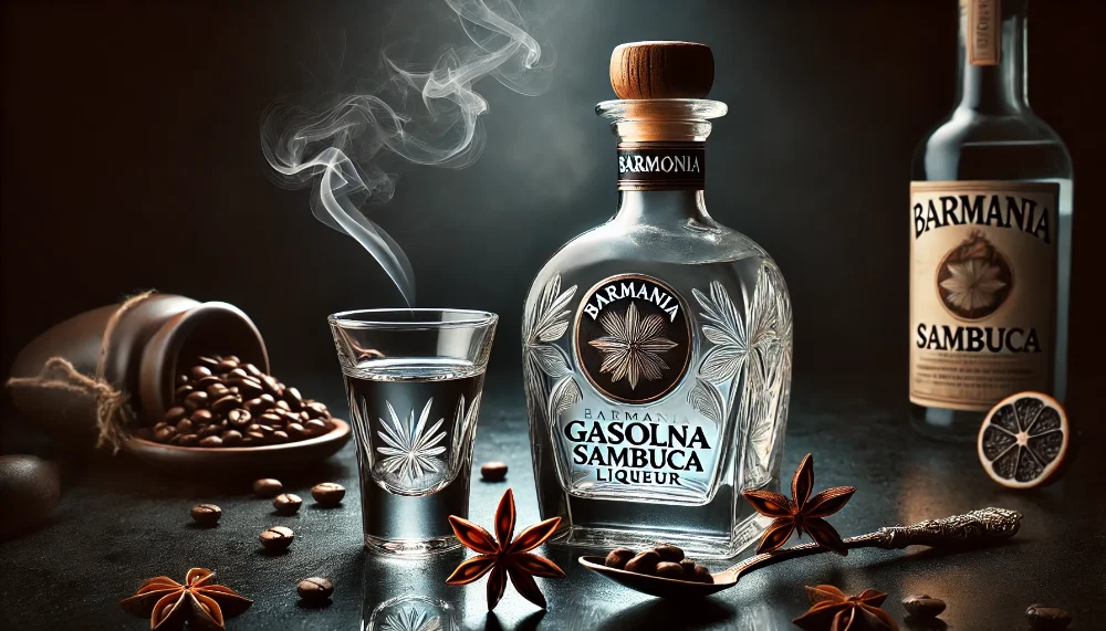 BarMania Gasolina Sambuca: класичний анісовий лікер з вогняним характером Пляшка кришталево чистого лікеру BarMania Gasolina Sambuca з кавовими зернами та анісовими зірочками на темній поверхні