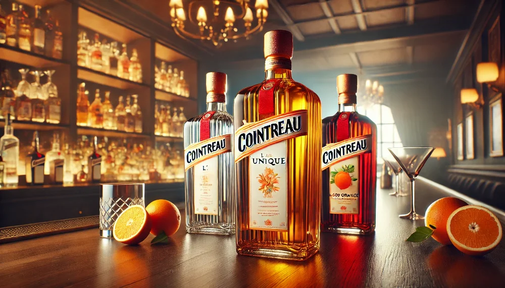 Cointreau: Три варіанти лікеру для будь-якого настрою Три пляшки лікеру Cointreau на барній стійці: L'Unique, Noir і Blood Orange на фоні з коктейлями та апельсинами.