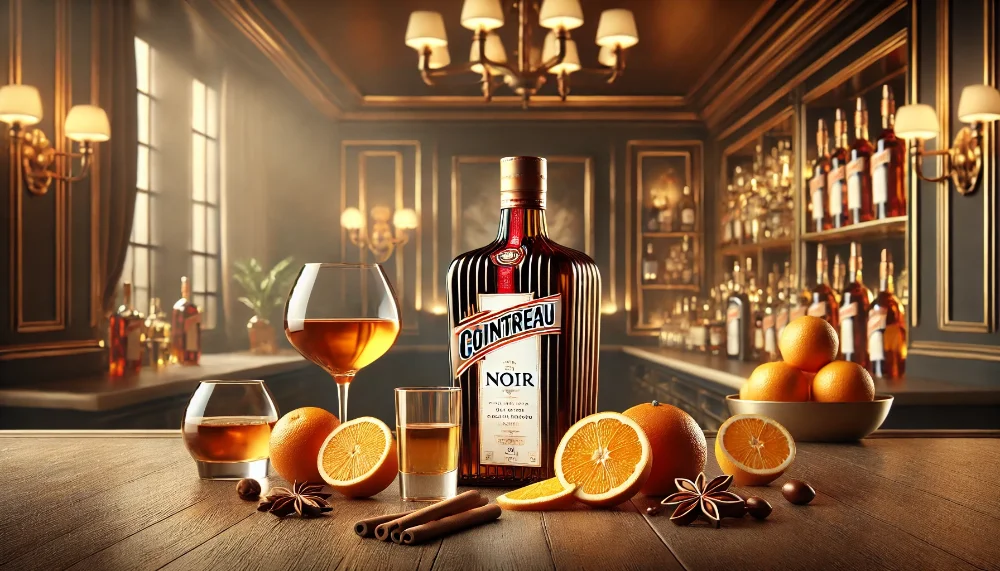 Cointreau Noir – вишуканий симбіоз апельсину і коньяку Пляшка Cointreau Noir з апельсинами, келихом коньяку і прянощами на елегантній барній стійці