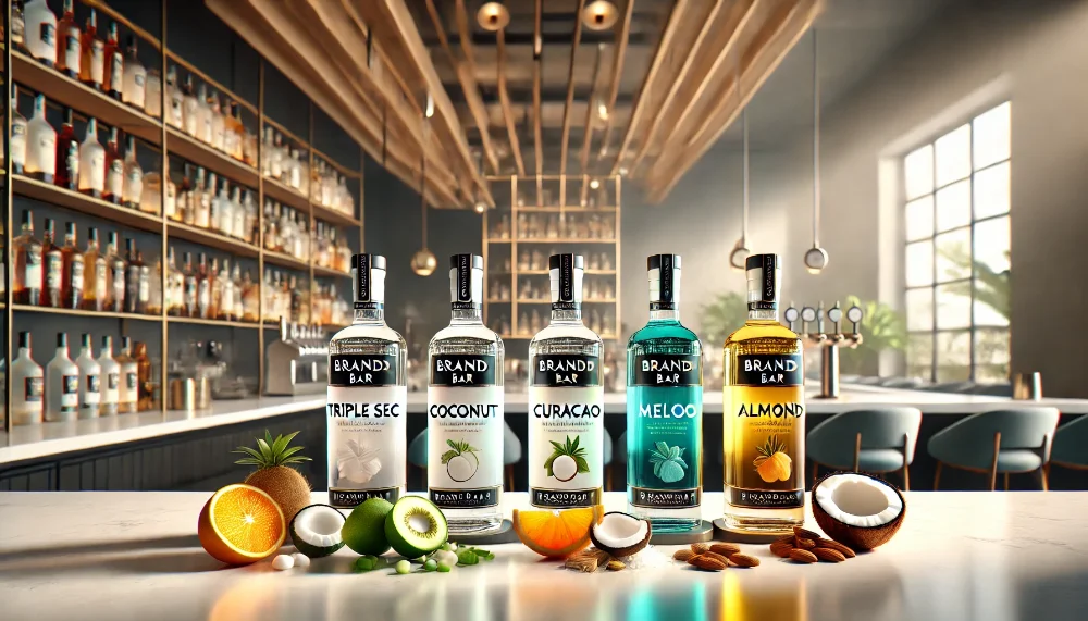 Наливки Brandbar: Українська майстерність у кожному смаку Колекція пляшок преміальних лікерів Brandbar зі свіжими інгредієнтами на білій барній стійці, що демонструє різноманітність