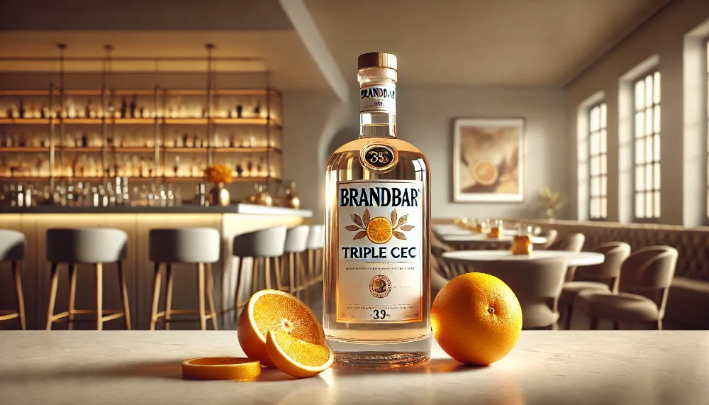 Brandbar Triple Sec - преміальний цитрусовий лікер для вишуканих коктейлів Пляшка лікеру Brandbar Triple Sec на мармуровому столі в оточенні свіжих апельсинів та цедри в інтер'єрі сучасного бару
