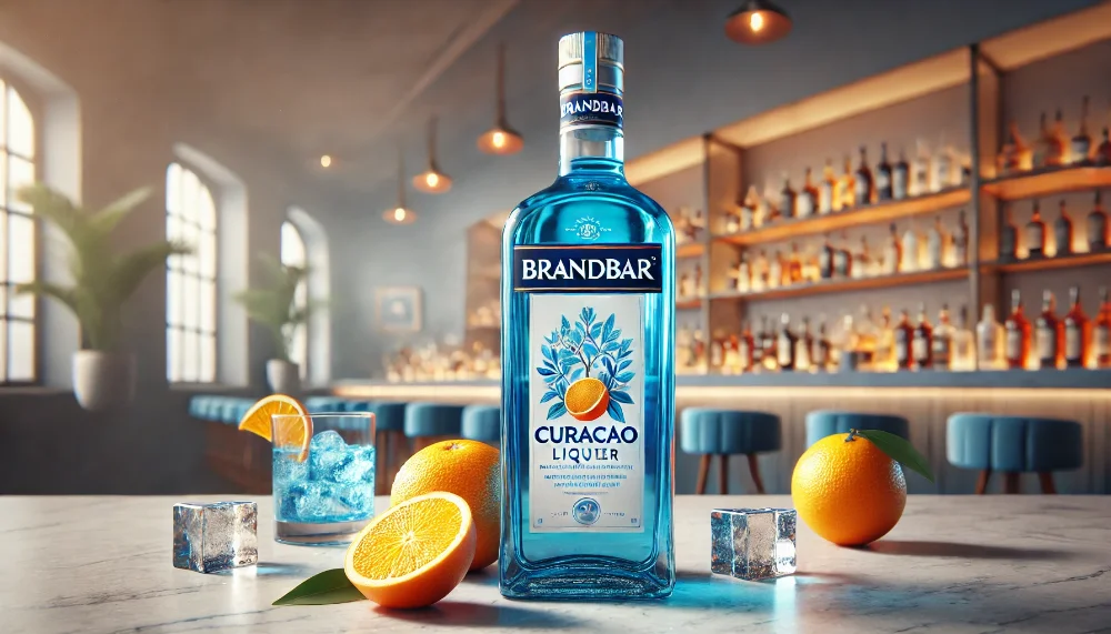 Brandbar Curacao - блакитна перлина для вишуканих коктейлів Пляшка блакитного лікеру Brandbar Curacao на мармуровому столі з апельсинами та цедрою в інтер'єрі бару