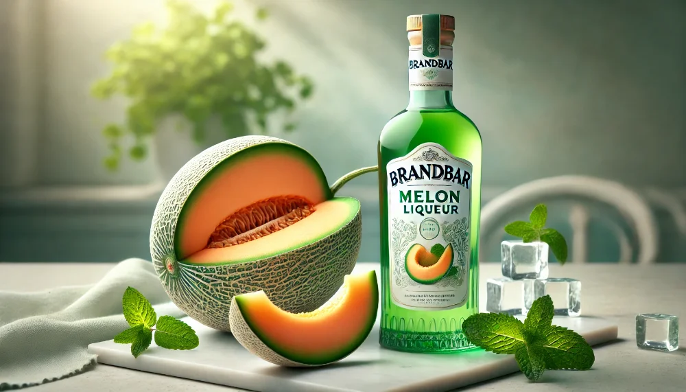 Brandbar Melon - освіжаючий динний лікер для літніх коктейлів Пляшка лікеру Brandbar Melon на мармуровій поверхні поруч зі свіжою розрізаною динею та кубиками льоду