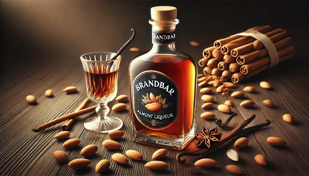 Brandbar Almond - преміальний мигдальний лікер з нотками ванілі та карамелі Пляшка лікеру Brandbar Almond на дерев'яній поверхні в оточенні мигдальних горіхів, кориці та ванілі