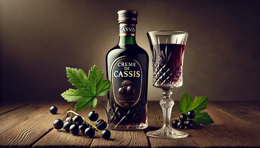 Creme de Cassis - легендарний бургундський лікер з чорної смородини Пляшка Creme de Cassis поруч з келихом лікеру та свіжою чорною смородиною на дубовій поверхні