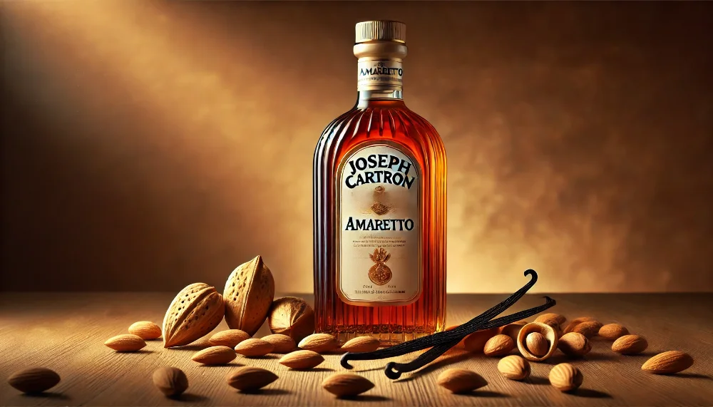 Joseph Cartron Amaretto з мигдалем та ванільними стручками Пляшка лікеру Joseph Cartron Amaretto на дерев'яній поверхні в оточенні мигдальних горіхів та ванілі