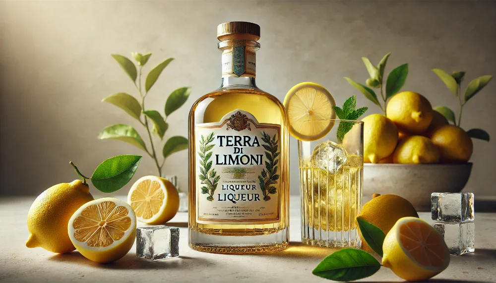 Лікер Terra di Limoni із свіжими лимонами узбережжя Амальфі Пляшка лікеру Terra di Limoni на мармуровій поверхні в оточенні свіжих лимонів та келиха з напоєм у природному освітленні
