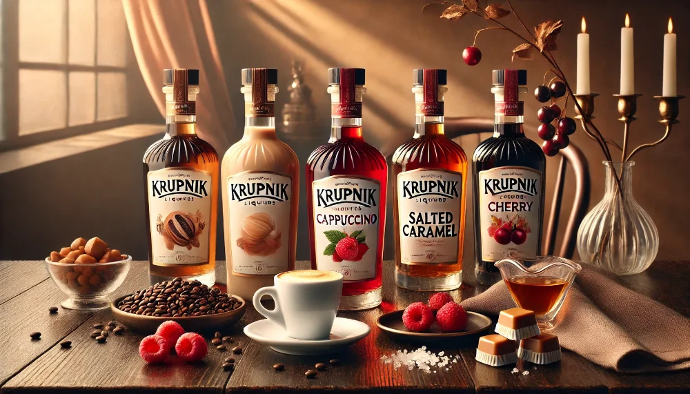 Преміальна колекція смаків Krupnik з натуральними інгредієнтами Чотири пляшки лікерів Krupnik різних смаків у оточенні свіжих інгредієнтів на дерев'яному столі