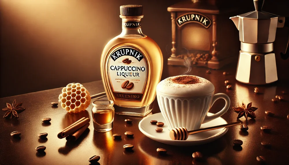 Krupnik Cappuccino з ароматною кавою та медовими стільниками Пляшка лікеру Krupnik Cappuccino на дерев'яній поверхні з чашкою капучино та кавовими зернами