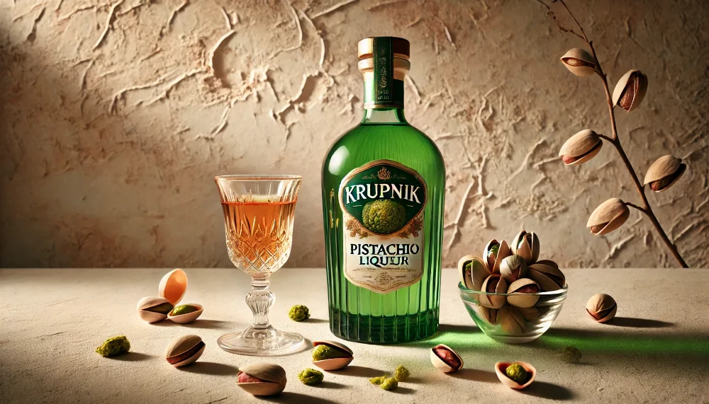 Krupnik Pistachio: вишуканий лікер з ароматом фісташки Пляшка лікеру Krupnik Pistachio та кришталевий келих з напоєм на мармуровій поверхні зі свіжими фісташками