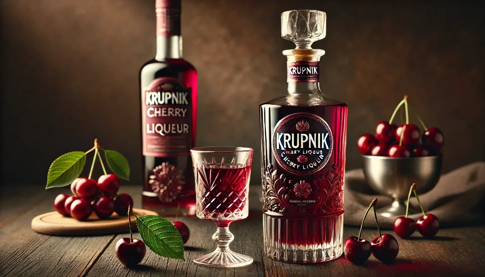 Krupnik Cherry: традиційний польський лікер з ароматом стиглої вишні Пляшка лікеру Krupnik Cherry та кришталевий келих з напоєм на темній дерев'яній поверхні зі свіжими вишнями