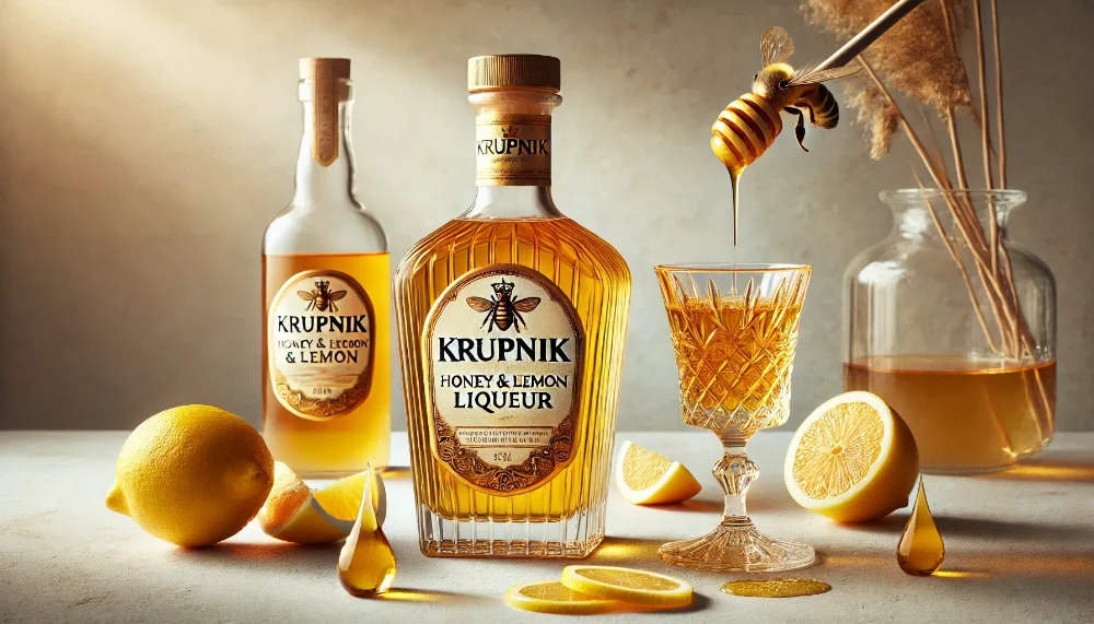 Krupnik Honey & Lemon: гармонія меду та цитрусової свіжості Пляшка лікеру Krupnik Honey & Lemon та кришталевий келих з напоєм на мармуровій поверхні з медовими сотами та лимоном