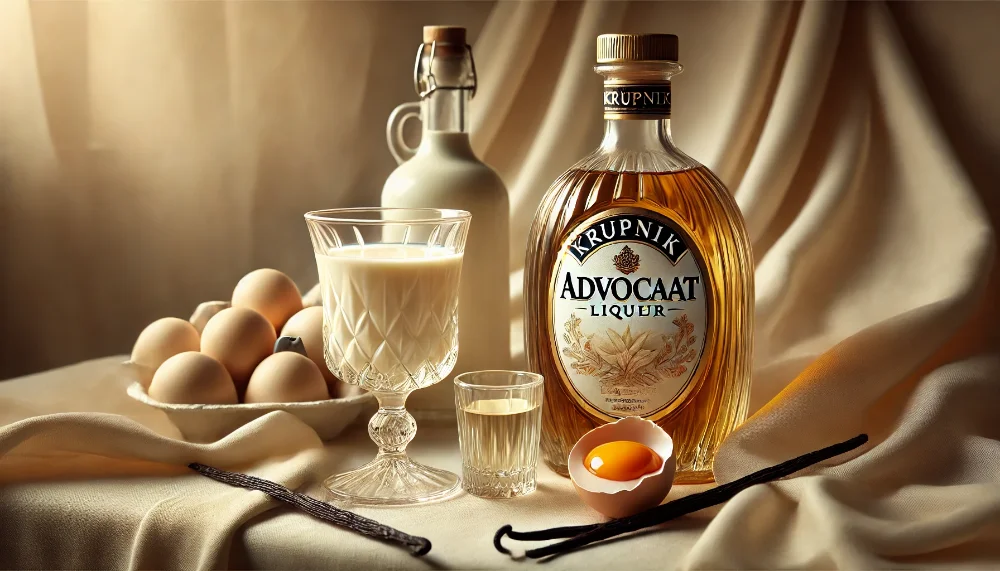 Пляшка лікеру Krupnik Advocaat та коньячний бокал з напоєм на оксамитовій поверхні з яйцями та ваніллю