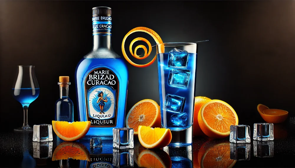 Marie Brizard Blue Curacao: легендарний блакитний лікер з Карибів Пляшка лікеру Marie Brizard Blue Curacao та коктейльний келих з блакитним напоєм на чорному тлі з апельсинами