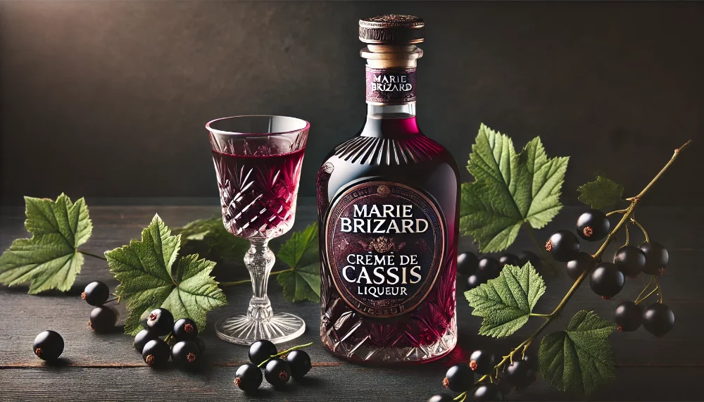 Marie Brizard Creme de Cassis: вишуканий смородиновий лікер з Франції Пляшка лікеру Marie Brizard Creme de Cassis та келих з напоєм на темному дереві зі свіжою смородиною