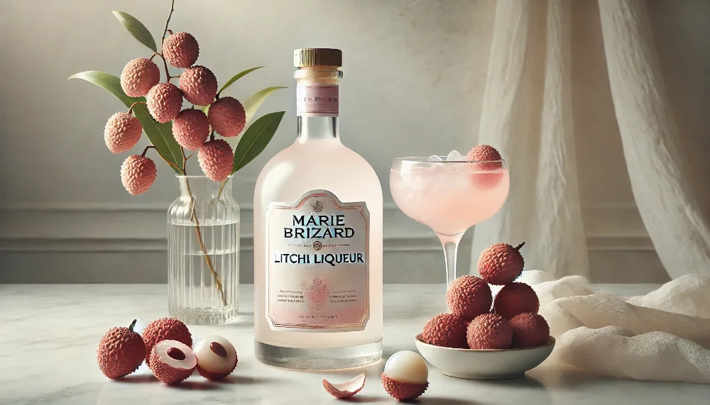 Marie Brizard Litchi: вишуканий тропічний лікер з екзотичним смаком Пляшка лікеру Marie Brizard Litchi та коктейльний келих з напоєм на мармурі зі свіжими плодами лічі