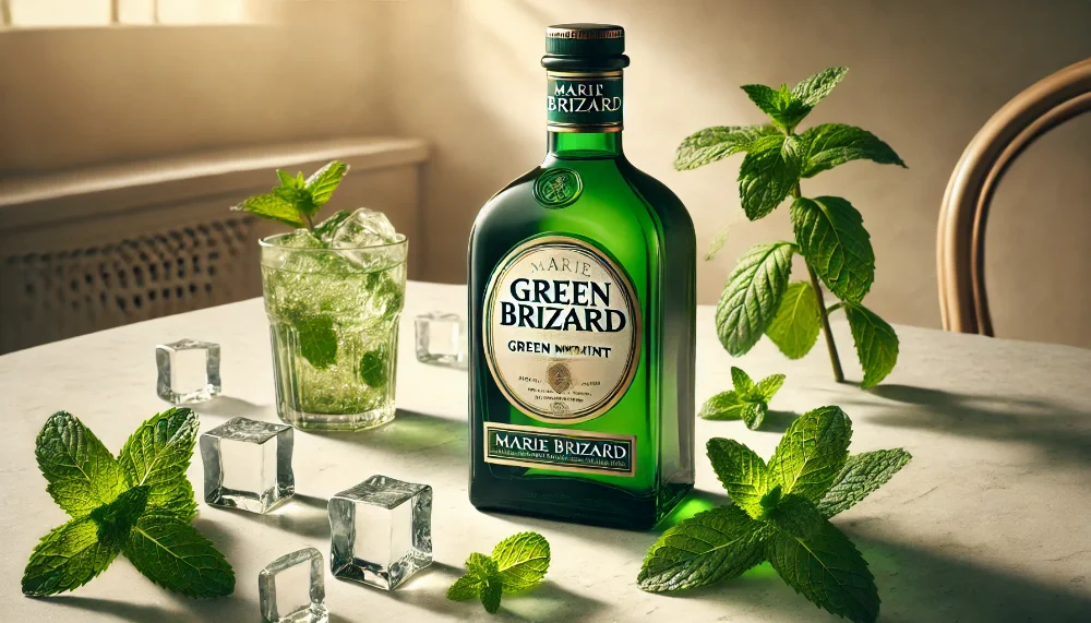 Green Mint від Marie Brizard - освіжаюча м'ята у кожному ковтку Пляшка зеленого м'ятного лікеру Marie Brizard в оточенні свіжих листків м'яти та кристалів льоду на мармуровій поверхні