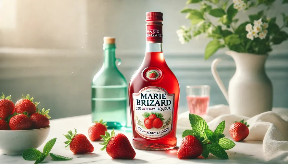 Marie Brizard Strawberry - натуральний полуничний лікер преміум класу Пляшка полуничного лікеру Marie Brizard на мармуровому столі в оточенні свіжих ягід полуниці та м'яти