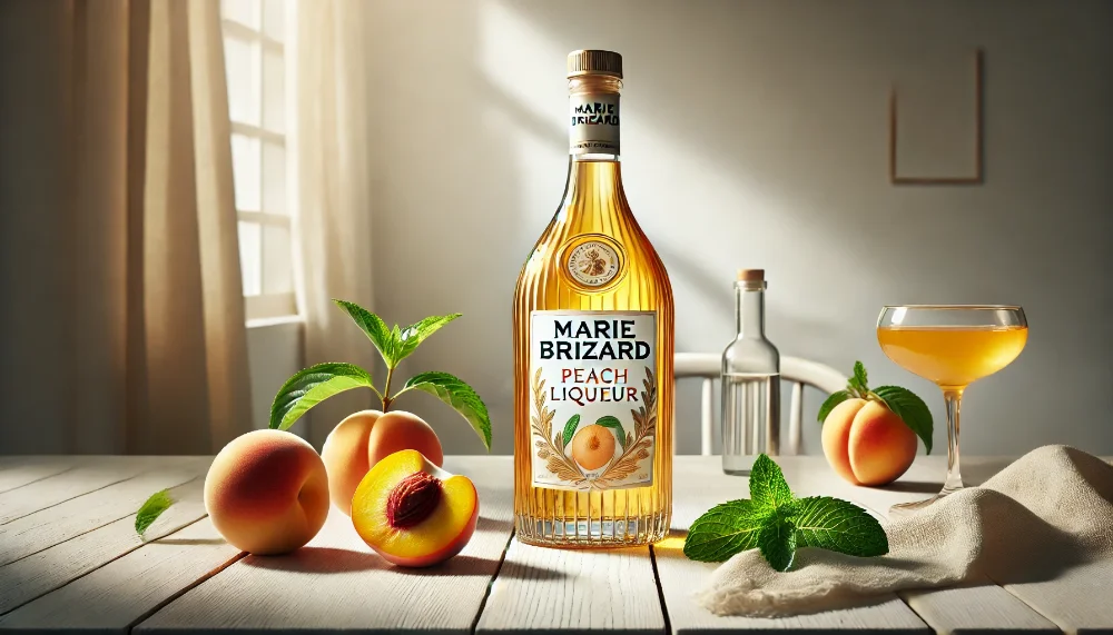 Marie Brizard Peach - вишуканий персиковий лікер з натуральним смаком Пляшка золотистого персикового лікеру Marie Brizard на дерев'яному столі поруч зі свіжими персиками та м'ятою
