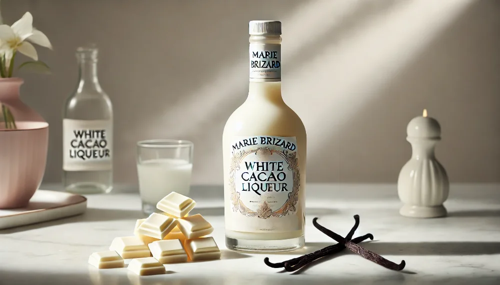 Marie Brizard White Cacao - вишуканий лікер з ніжним шоколадним смаком Пляшка кремового лікеру Marie Brizard поруч з білим шоколадом та ванільними паличками на мармурі