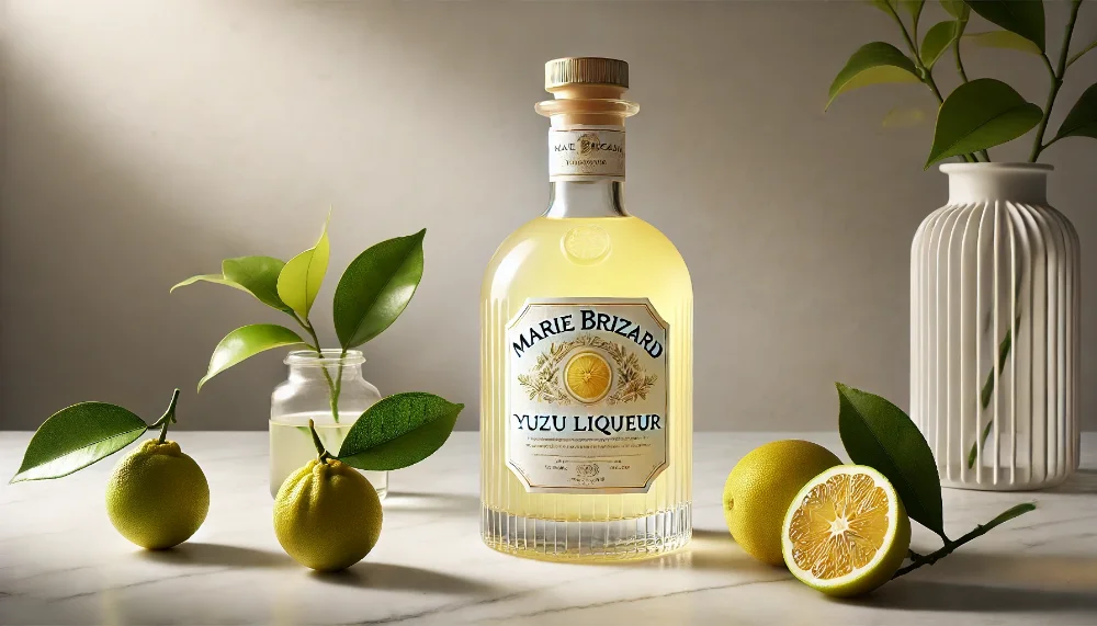 Marie Brizard Yuzu - вишуканий лікер з екзотичним цитрусовим смаком Пляшка прозорого лікеру Marie Brizard на мармуровій поверхні поруч зі свіжими фруктами юдзу та зеленню