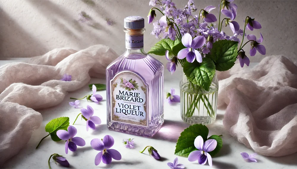 Marie Brizard Violet - витончений лікер з ароматом весняних фіалок Пляшка фіолетового лікеру Marie Brizard на мармуровій поверхні в оточенні свіжих фіалок
