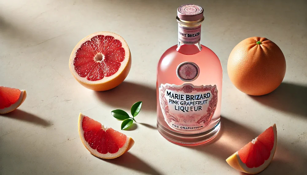 Marie Brizard Pink Grapefruit - освіжаючий лікер зі смаком рожевого грейпфрута Пляшка рожевого лікеру Marie Brizard в оточенні свіжих рожевих грейпфрутів та цитрусового листя