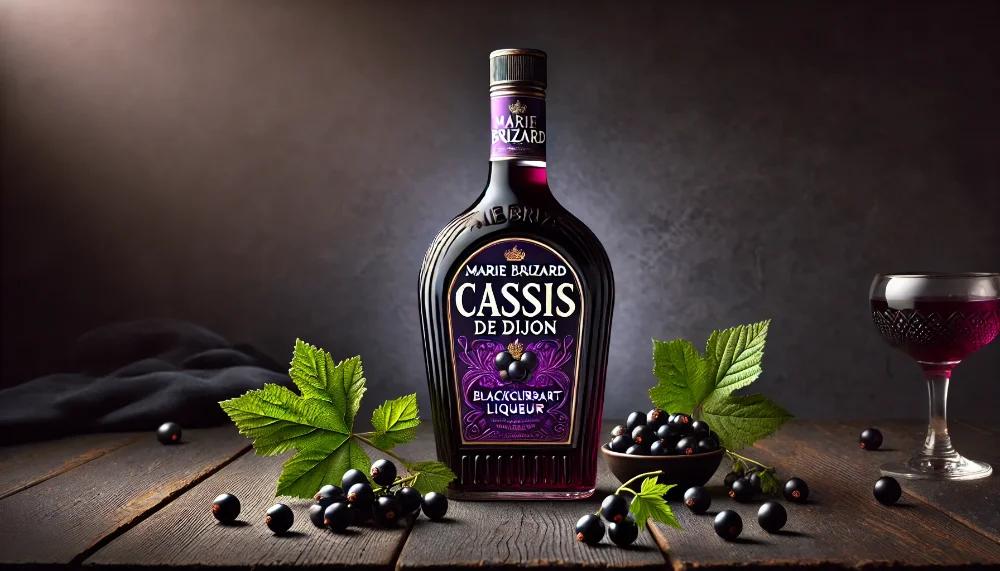 Marie Brizard Cassis de Dijon - вишуканий лікер з чорної смородини Пляшка темно-фіолетового лікеру Marie Brizard поруч зі свіжими ягодами чорної смородини та листям