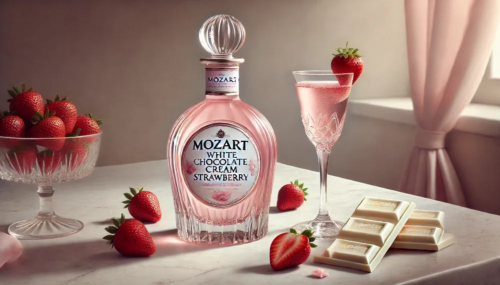 Преміальний полуничний лікер Mozart з білим шоколадом та свіжими ягодами Біло-рожева кульова пляшка Mozart Strawberry з келихом напою, свіжою полуницею та білим шоколадом на мармурі