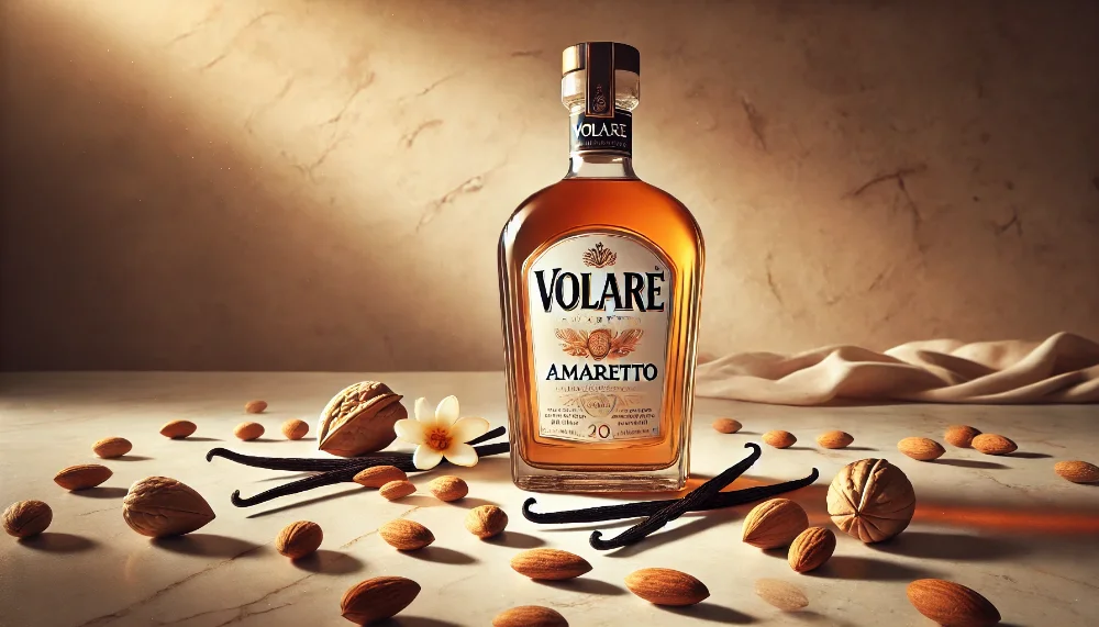 Елегантна пляшка Volare Amaretto у теплому освітленні з мигдалем Пляшка лікеру Volare Amaretto оточена свіжим мигдалем та цілими паличками ванілі на світлій мармуровій поверхні