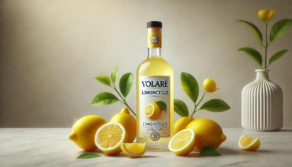 Volare Limoncello з свіжими лимонами на мармуровій поверхні Пляшка лікеру Volare Limoncello в оточенні свіжих цілих та розрізаних лимонів з зеленим листям на світлому мармурі