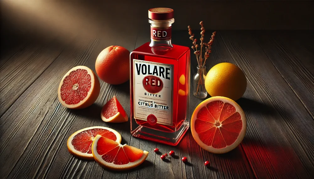 Volare Red Bitter: преміальний італійський біттер з цитрусовими нотами Пляшка Volare Red Bitter на темній дерев'яній поверхні в оточенні свіжих цитрусових та ароматних трав у м'якому освітленні
