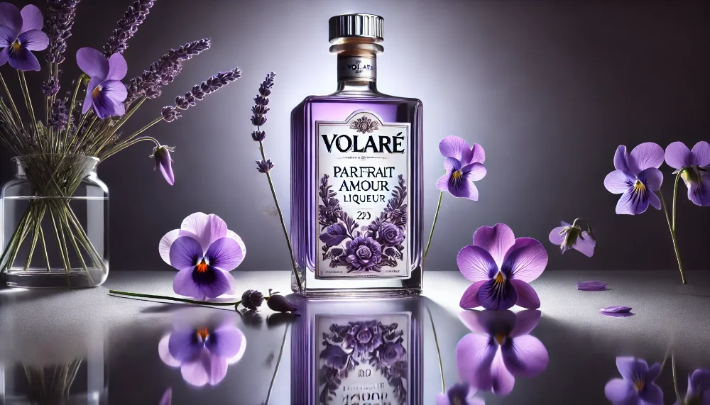 Volare Parfait Amour: вишуканий квітковий лікер з нотками фіалки Пляшка лікеру Volare Parfait Amour на матовій скляній поверхні в оточенні квітів фіалки та лаванди в м'якому освітленні